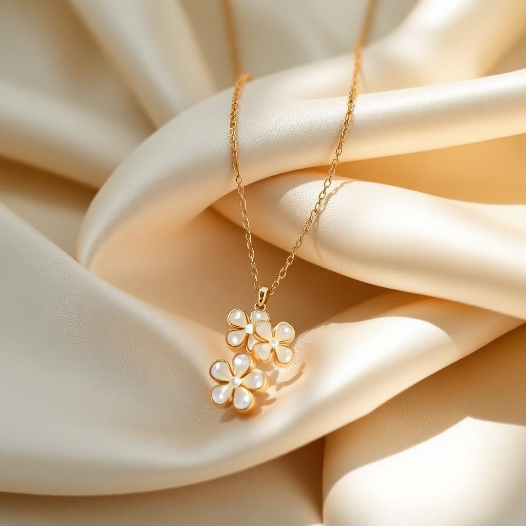 Van Cleef & Arpels sieraad verkopen Van Cleef & Arpels sieraad verkopen — Gouden ketting met bloemmotief op cremekleurige zijde, sfeerbeeld luxe sieraden
