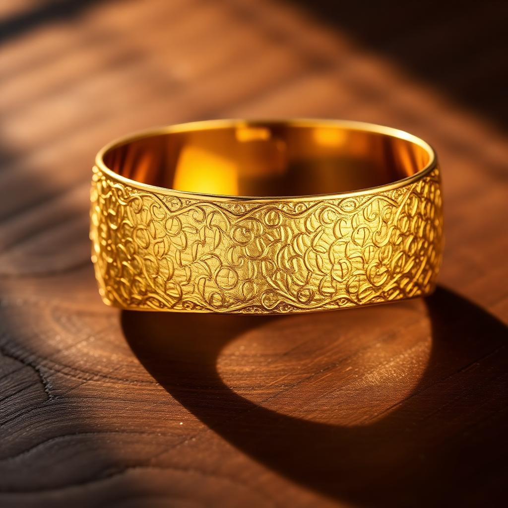 Buccellati sieraden verkopen — Gegraveerde gouden manchet op donker walnoothout, sfeerbeeld luxe sieraden
