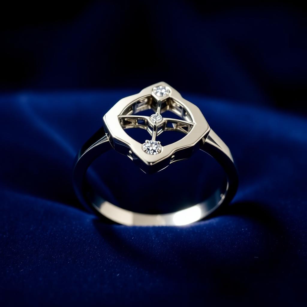 Boucheron sieraden verkopen — Witgouden ring met geometrisch ontwerp op marineblauw fluweel, sfeerbeeld luxe sieraden
