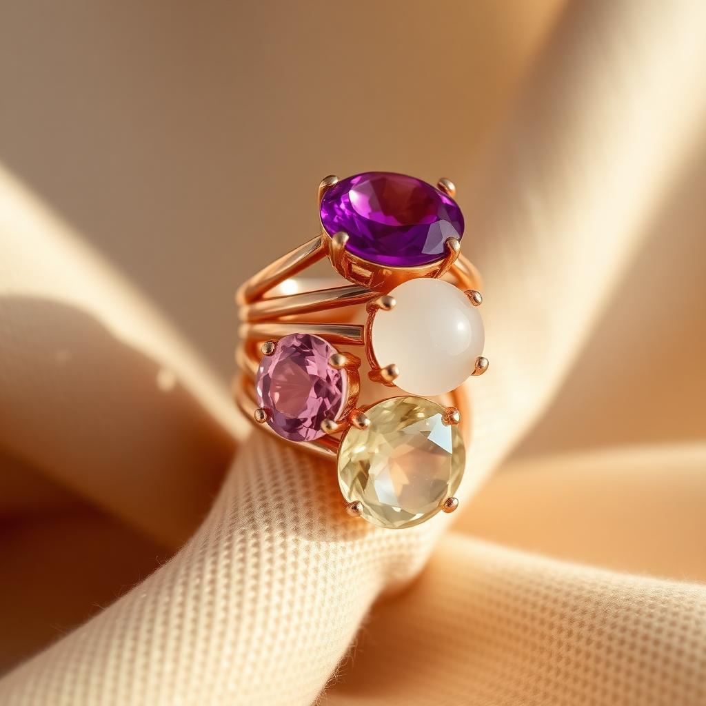 Pomellato sieraad verkopen Pomellato sieraad verkopen — Roségouden ringen met kleurrijke edelstenen op linnen, sfeerbeeld luxe sieraden
