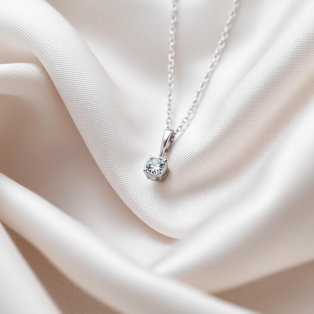 Chaumet sieraden verkopen — Witgouden ketting met diamanthanger op licht zijde, sfeerbeeld luxe sieraden