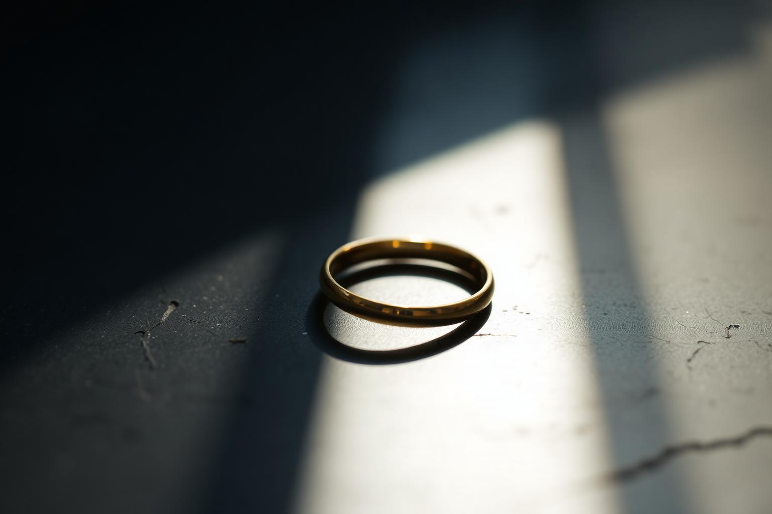 Enkele gouden trouwring in een baan licht op donkere ondergrond — sfeerbeeld trouwring verkopen na scheiding